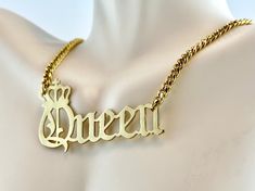 Queen Necklace, Queen Word Necklace, Nameplate Necklace, Queen Pendant, Queen Nameplate, Gold Queen Necklace, Crown Queen Pendant Custom Name Gold Necklace, Luxury Customizable Yellow Gold Name Necklace, Luxury Customizable Nameplate Necklace, Gold Pendant Name Necklace, Gold Engraved Metal Chain Necklace, Gold Metal Nameplate Jewelry, Gold Metal Pendant Name Necklace, Engraved Metal Nameplate Necklace, Custom Text Gold Nameplate Necklace