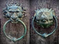 two door knockets with lions heads on them are shown against a wooden background, one is green and the other is brown