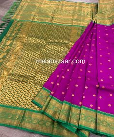 -Purple and green pure silk kanjivaram saree, with a wide border, zari butas and a heavy palla with unique horse motifs ! -Pure silk saree authenticated by Silk Mark Certificate. -Blouse fabric included. -Fall attached. Note:  - Slight inconsistency in weaving is inherent to handloom sarees and is not a defect. -The color of the products may slightly vary according to the ambient lighting conditions and the color calibration of LED devices. If you would like more clarity before your purchase, please drop us a message . Bollywood Style Purple Saree With Border, Purple Saree With Border In Traditional Drape, Festive Purple Saree With Border, Purple Art Silk Saree With Border, Purple Katan Silk Saree With Border, Purple Banarasi Silk Saree With Border, Purple Katan Silk Dupatta With Border, Traditional Purple Saree With Border, Purple Traditional Wedding Wear With Border