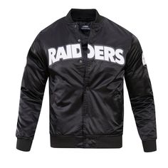 The Pro Standard Premium NFL Las Vegas Raiders Big Logo Men's Satin Jacket (Black) Black Outerwear For Game Day, Black Varsity Jacket For Game Day In Winter, Black Winter Varsity Jacket For Game Day, Collegiate Black Varsity Jacket For Game Day, Black Collegiate Varsity Jacket For Game Day, Black Throwback Outerwear For College, Black Throwback Varsity Jacket For College, Throwback Black Varsity Jacket For Sports, Black Throwback Winter Outerwear