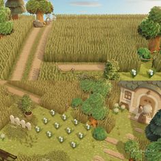 an animated farm scene with animals and trees