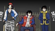 three anime characters sitting in chairs with one holding a baseball bat and the other standing