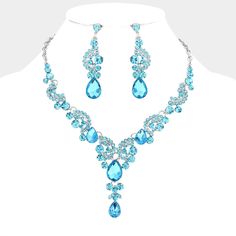 Necklace Size : 17.5" + 3.5" L Decor Size : 2.5" L Earring Size : 2.5" L Silver Necklace Prom, Prom Necklace, Prom Tiaras, Aqua Necklace, Pageant Jewelry, Teal Necklace, Bling Things, Evening Necklace