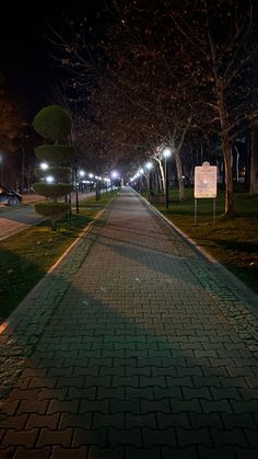 an empty sidewalk in the middle of a park at night with street lights shining on it