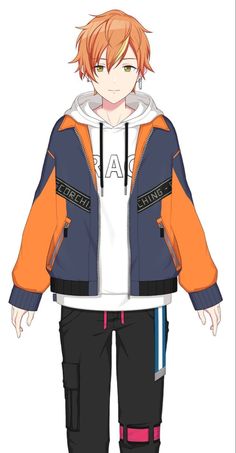 an anime character with orange hair and black pants, standing in front of a white background