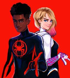 two people in black and white outfits with red spider - man on their chests