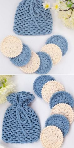 crocheted hats and mittens are shown in two different colors, one is blue and the other is white