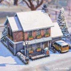 a small house with a car parked in front of it and snow on the ground