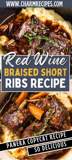 red wine braised short ribs recipe on top of mashed potatoes and carrots