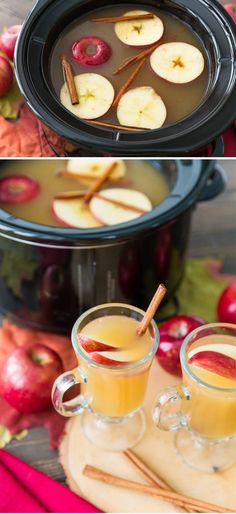 apple cider with cinnamon sticks and apples in the background