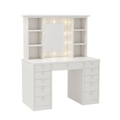 a white desk with drawers and lights on it