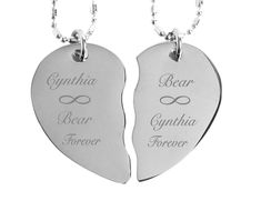 "This personalized silver stainless steel broken heart necklace is a great gift for any couple, the sweetheart in your life, or best friend. Both sides of the split heart can be engraved with names, dates or a message of love. If you would like a heart engraved between names or on any line you can simply type the word \"heart\" into the desired location. The 2 piece broken heart necklace is also a wonderful gift for your best friend. This high polished stainless steel pendant will never change c Couples Jewelry, Bff Necklace, Bff Necklaces, Couple Jewelry, Stainless Steel Pendant, Love Messages, Name Necklace, Custom Engraving, Heart Necklace