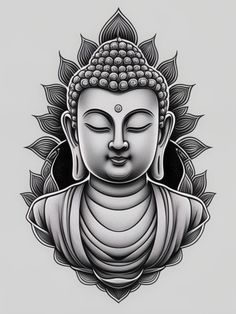 a buddha statue in the middle of a lotus flower pattern with black and white colors