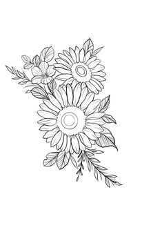 a black and white drawing of sunflowers