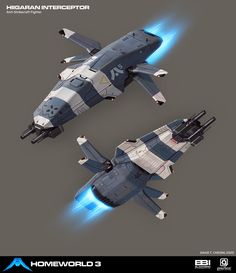 two fighter jets flying through the air with blue light coming out of their wings and on top of each other