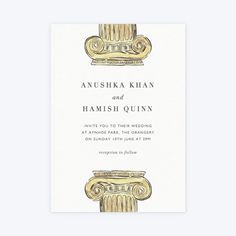 the front and back of an elegant wedding card with gold greek columns on white paper