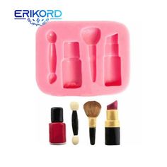 a pink plastic tray with various makeup items