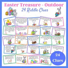 an easter themed poster with the words, easter treasure - outdoor 24 riddle clues