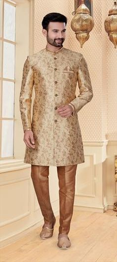 Gold color IndoWestern Dress in Jacquard fabric with Thread, Zari work Gold Jacquard Dresses For Wedding, Gold Jacquard Wedding Dress, Formal Fitted Brocade Fabric, Fitted Formal Brocade Fabric, Elegant Embroidered Jacquard Dresses, Embroidered Fitted Brocade Fabric, Elegant Festive Jacquard Dress, Festive Fitted Brocade Fabric, Fitted Fabric For Wedding In Spring