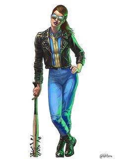 a drawing of a woman holding a baseball bat and wearing blue pants with gold shirt