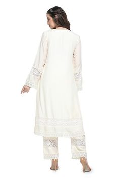 White full flared sleeves straight kurta with pearl fleur embroideries on the yoke and lace embellishments detail. Paired with a lace tiered straight pant and lace border dupatta. - Aza Fashions Festive Straight Kurta With Lace Trim, Festive Lace Work Palazzo Set, Lace Embellishments, Kurta Pant Set, Embellishment Details, Women Kurta, Lace Silk, Straight Kurta, Kurta With Pants