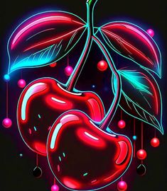 two cherries on a black background with neon lights and bubbles around them, all in the same color