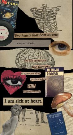 collage of different types of papers with pictures and words on them, including an eyeball