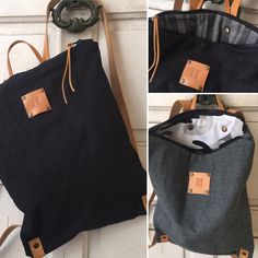 two pictures of the same black and grey bag with leather tags on each one side