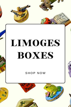 the words limooges boxes are surrounded by small figurines and other items