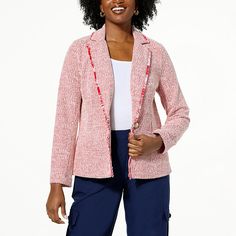 IMAN Global Chic Boucle Blazer with Fringe Trim  There's no easier way to look polished and sophisticated. This fringe-trimmed blazer elevates any ensemble. Fringe Trim, Outerwear Jackets, Style Icons, Fashion Clothes Women, That Look, Trim, Latest Trends, Blazer, Clothes For Women