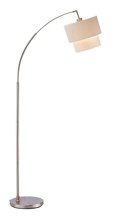 A smart lighting choice for sectionals or intimate seating areas, the Gala arc floor lamp provides a practical and stylish accent with its natural corrugated fabric shade. The adjustable arc rod and double shade plus three-way lamping assures plenty of control over the direction and level of light. A 3-way rotary socket switch will only work with a 3-way light bulb, otherwise this lamp will function with simple on/off switch at its highest setting. This floor lamp has a clear cord and is smart outlet compatible. Bulb is not included. Adesso Gala Arc Lamp 71-in Brushed Steel Arc Floor Lamp | 3029-12 Black Metal Floor Lamp, Arc Floor Lamp, Arched Floor Lamp, Arc Lamp, Adjustable Floor Lamp, Floor Standing Lamps, Metal Floor Lamps, Metal Floor, Arc Floor Lamps