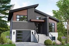 a rendering of a two story house with an attached garage and stairs leading up to the front door