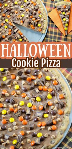 Giant chocolate chip cookie topped with melted chocolate, peanut butter hips, reese's pieces, mini peanut butter cups. Halloween Fruit Pizza, Halloween Dessert Pizza, Halloween Desserts Cookies, Halloween Chocolate Chip Cookies, Pizza Halloween, Cute Halloween Cakes