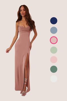 This floor length dress features a pleated sweetheart cowl neckline, dropped cowl back, leg slit, and a lace up corset style back bodice. Terracotta Bridesmaid Dresses, Sangria Bridesmaid Dresses, Formal Wedding Guest Dresses, Copper Bridesmaid Dresses, Mauve Bridesmaid Dress, Rust Bridesmaid Dress, Formal Wedding Guest Dress, Dusty Rose Bridesmaid Dresses, Stretch Satin Dress