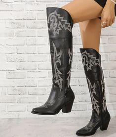 Wide calve Ladies The search is over this is the perfect knee high cowgirl boot!!  Western Cowgirl  Country  Boots Thigh High Cowboy Boots, High Cowboy Boots, Knee High Cowboy Boots, Western Style Boots, Embroidered Boots, Cowgirl Boot, Country Boots, Faux Leather Heels, Pointed Toe Boots