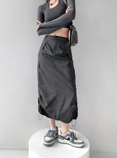 Drawstring Parachute Midi Skirt Women's Streetwear Fashion, Chic Streetwear, Streetwear Mode, Baby Tees Y2k, Skirts Women