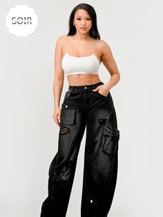 Midnight Fade Cargo Pants - Soirées Boutique Black Ripped Wide Leg Pants, Grunge Style Cargo Jeans With Pockets For Fall, Black Distressed Wide Leg Bottoms, Trendy Washed Black Wide Leg Cargo Pants, Grunge Washed Black Cargo Jeans With Pockets, Fall Washed Black Cargo Pants With Side Pockets, Distressed Pants For Streetwear, Distressed Streetwear Pants, Grunge Baggy Cargo Pants With Side Pockets