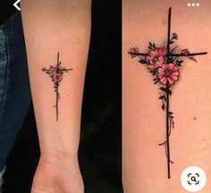 two tattoos with cross and flowers on them