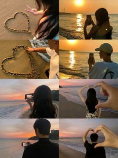 two people on the beach making heart shapes in the sand and one person taking pictures with his cell phone