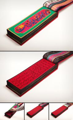 several images of an open book with writing on the cover and in different stages of being opened