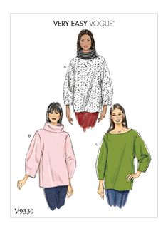 two women's sweaters and one woman's top sewing pattern