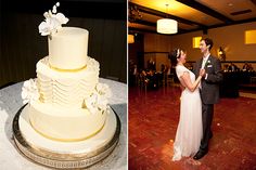 a bride and groom standing next to each other in front of a white wedding cake