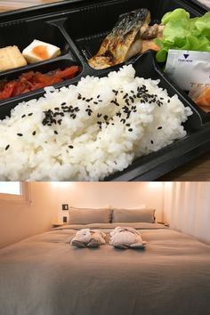 there are two trays with food on top of the bed and one has rice in it