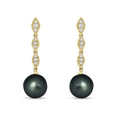 Complement your dressy looks with these sophisticated black Tahitian cultured pearl and diamond marquise drop earrings in 10K gold. Created in warm 10K gold Each drop glistens with a lustrous 9.0mm black Tahitian cultured pearl dangle at the base. A linear trio of marquise shapes shimmers with diamonds above. These 1/5 ct. t.w. diamond post earrings secure comfortably with friction backs. Classic Black Tahitian Pearl Earrings, Luxury Black Tahitian Pearl Earrings, Black Round Pearl Earrings For Formal Occasions, Formal Black Tahitian Pearl Earrings, Elegant Black Teardrop Pearl Earrings, Black Pearl Drop Earrings For Anniversary, Elegant Black Tahitian Pearl Earrings, Pearl And Diamond Earrings, Tahitian Pearls