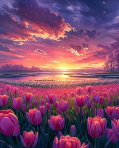 a painting of pink tulips at sunset with the sun setting in the background