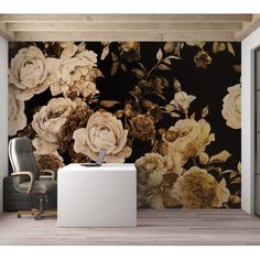 an office area with a desk, chair and wallpaper featuring large flowers on black background