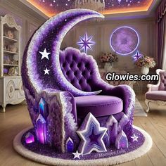 a purple chair sitting on top of a wooden floor next to a moon and stars