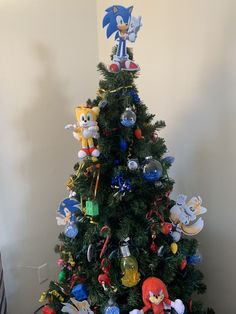 a christmas tree with sonic the hedgehog decorations