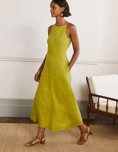 Halterneck Linen Midi Dress Linen Fashion, Linen Midi Dress, Halterneck Dress, Linen Dresses, Linen Clothes, Linen Dress, Yellow Dress, Look Fashion