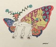 a drawing of a butterfly with flowers on it's wings and two people in the background